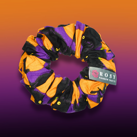 Regular Cotton Scrunchie Halloween Black Cats & Pumpkins Purple