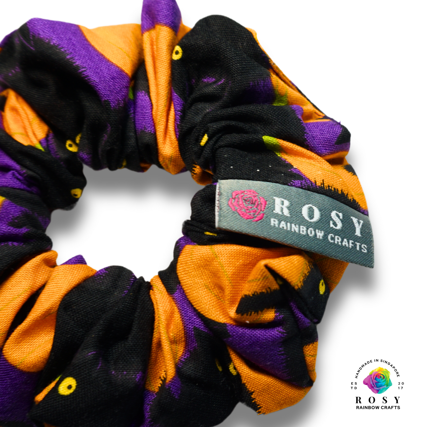 Regular Cotton Scrunchie Halloween Black Cats & Pumpkins Purple