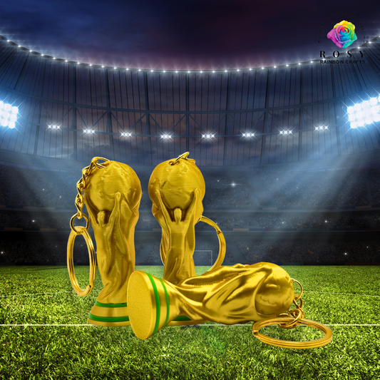 Gold trophy on a football field with stadium lights in the background