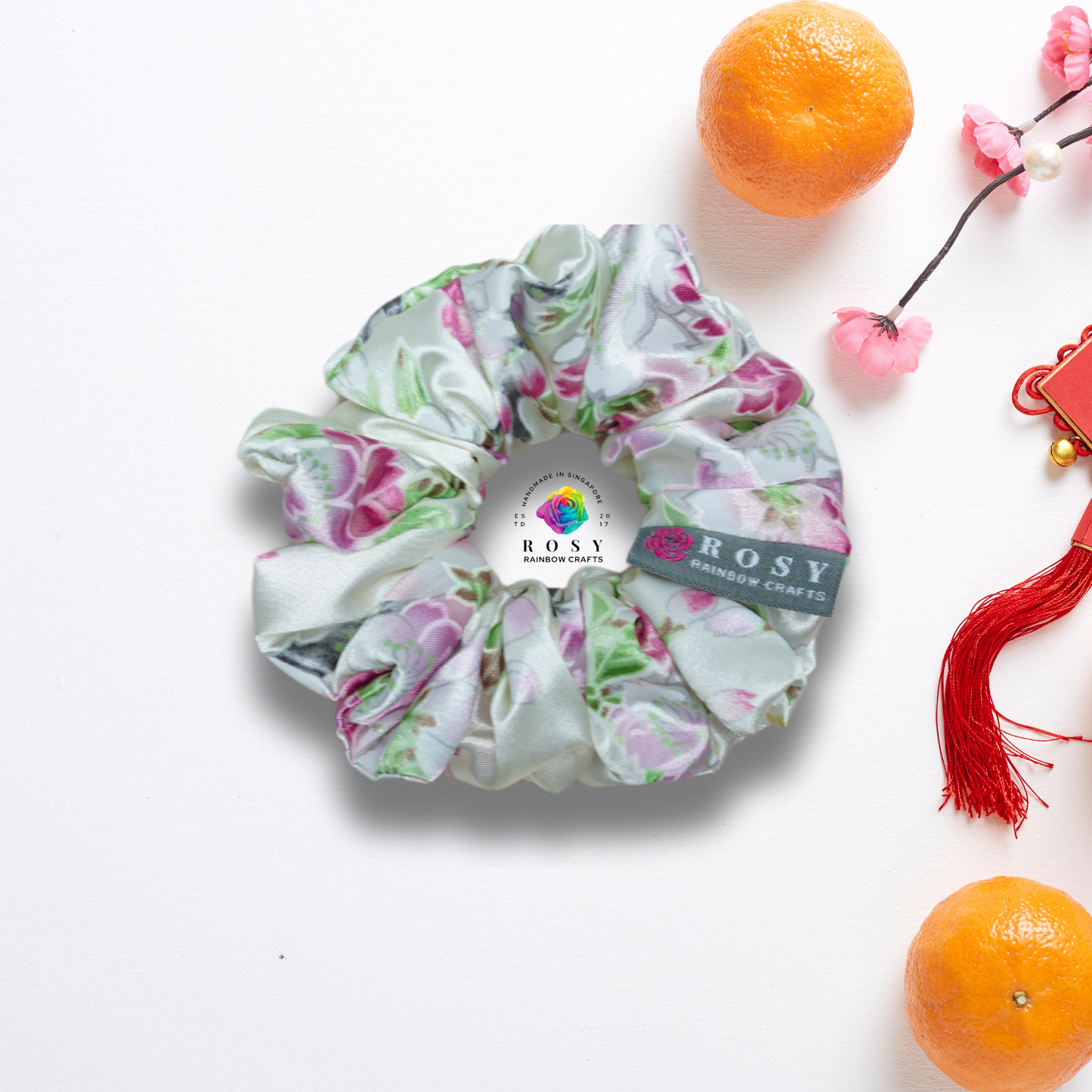 Regular Poly Satin Scrunchie White Blossom