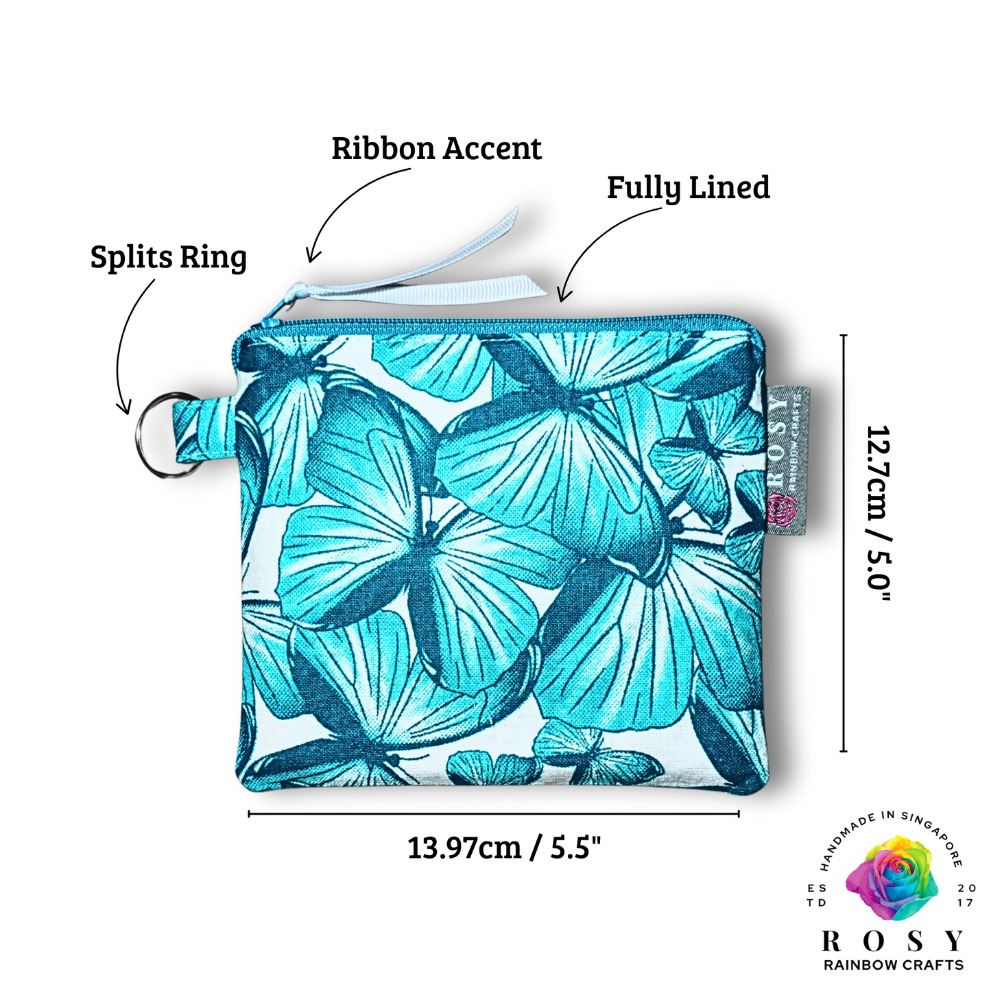 Turquoise butterfly pouch with measurements and Rosy Rainbow Crafts branding